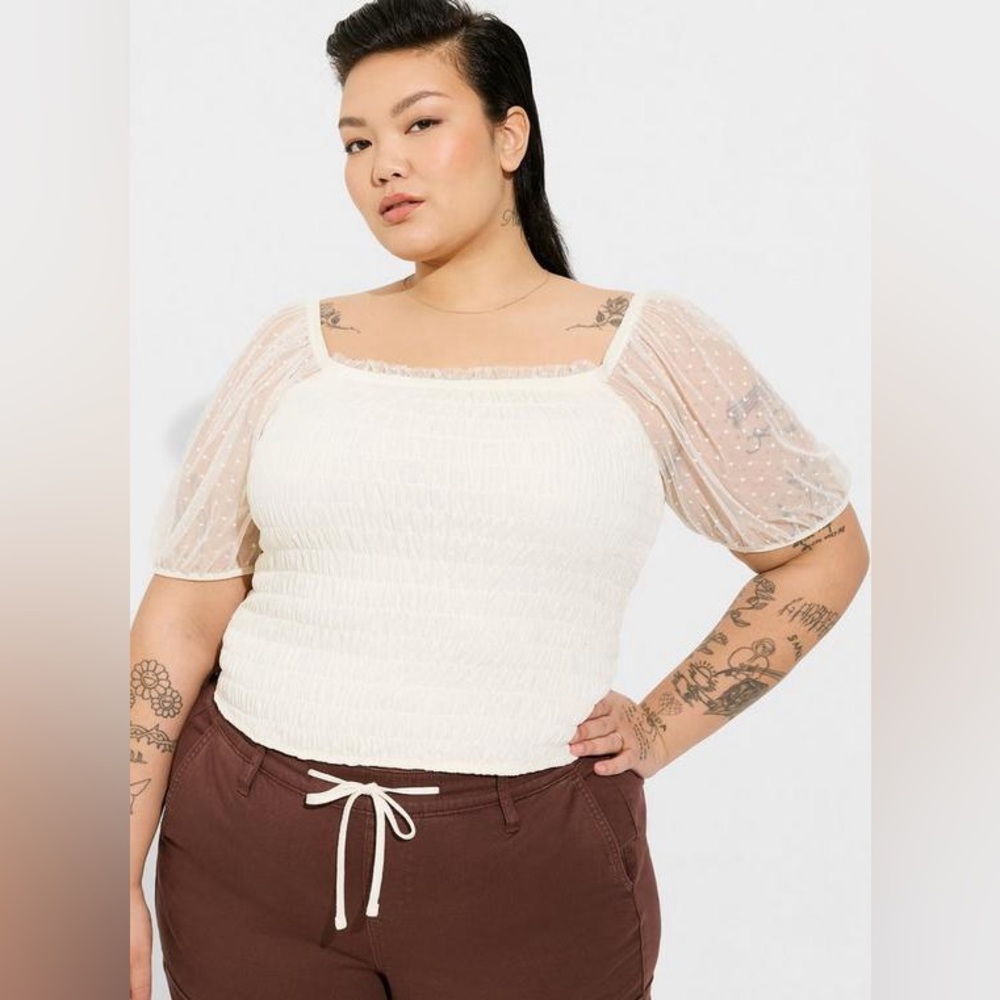 torrid Dot Mesh Square Neck Smocked Crop Top in Pristine/Cream Girly Summer 2